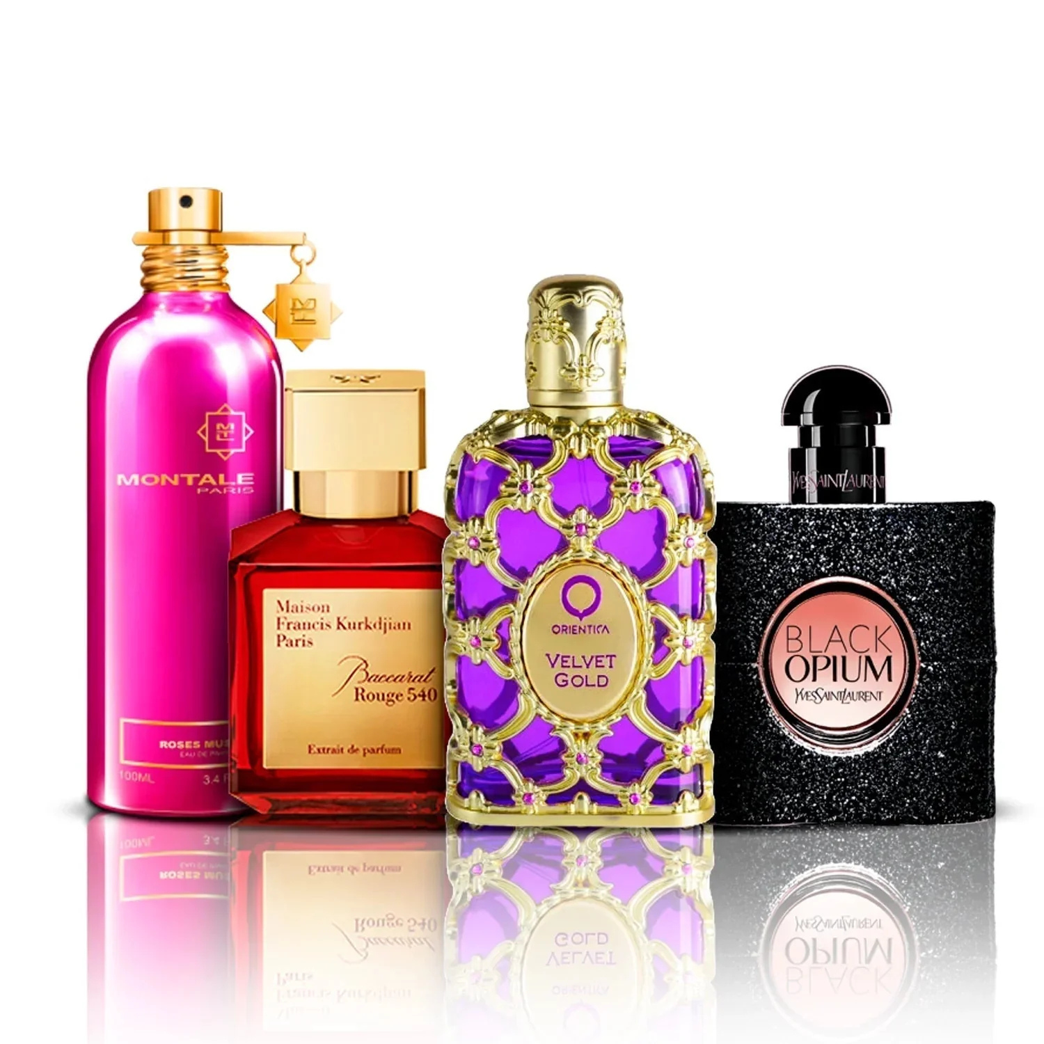 Conjunto de 4 perfumes | Velvet Gold + Baccarat Rouge 540 + Black Opium + Roses Musk