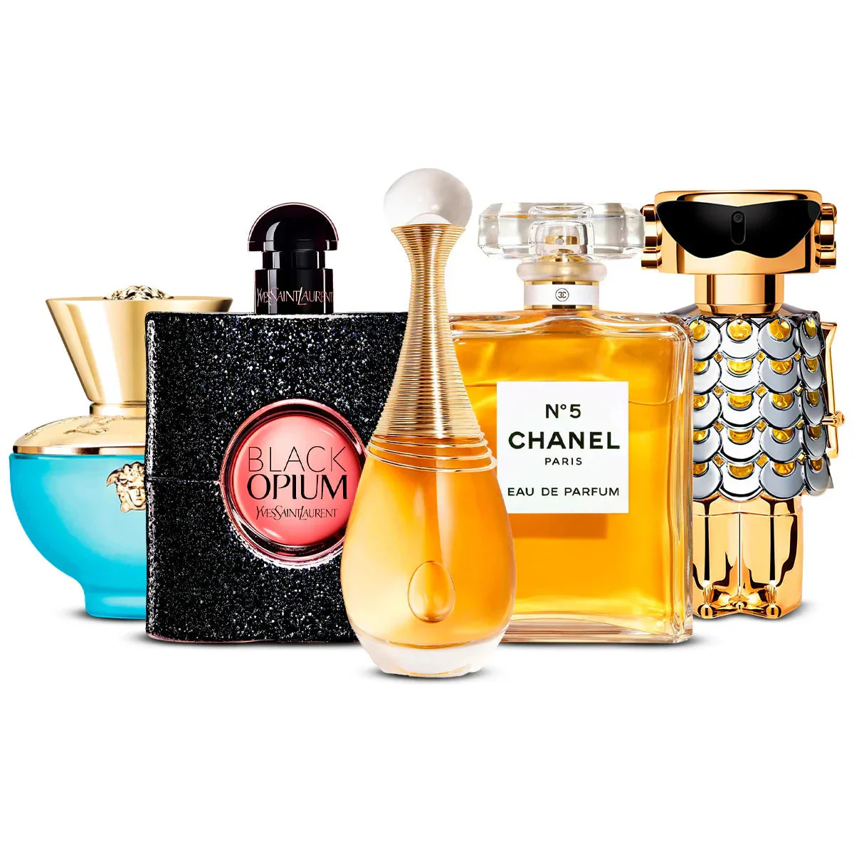 Conjunto de 5 perfumes | Versace Dylan Turquoise + Black Opium + J'adore + Chanel N°5 + Fame