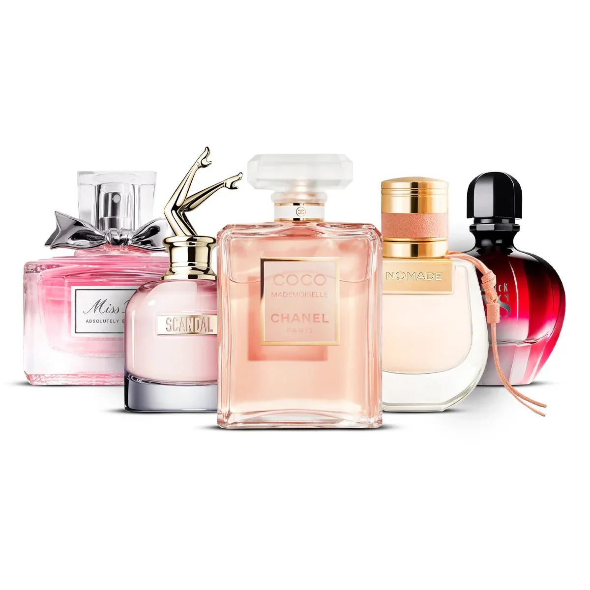 Conjunto de 5 perfumes | Miss Dior Blooming + Scandal + Coco Mademoiselle + Nomade + Black XS