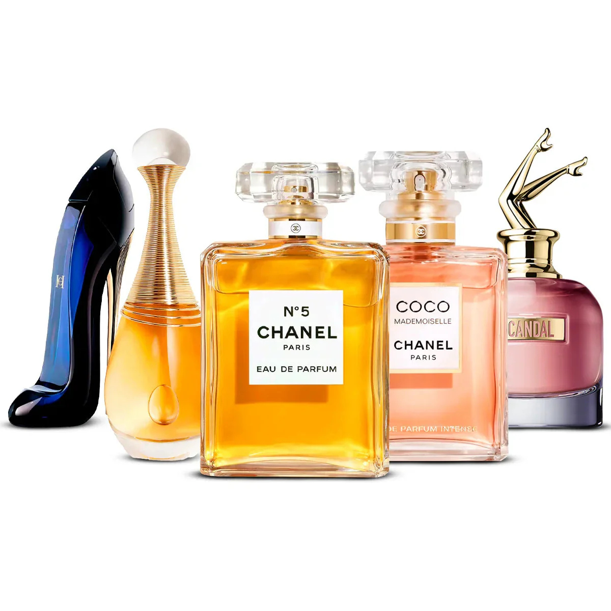 Conjunto de 5 perfumes | Good Girl + J'adore + Chanel N°5 + Coco Mademoiselle + Scandal
