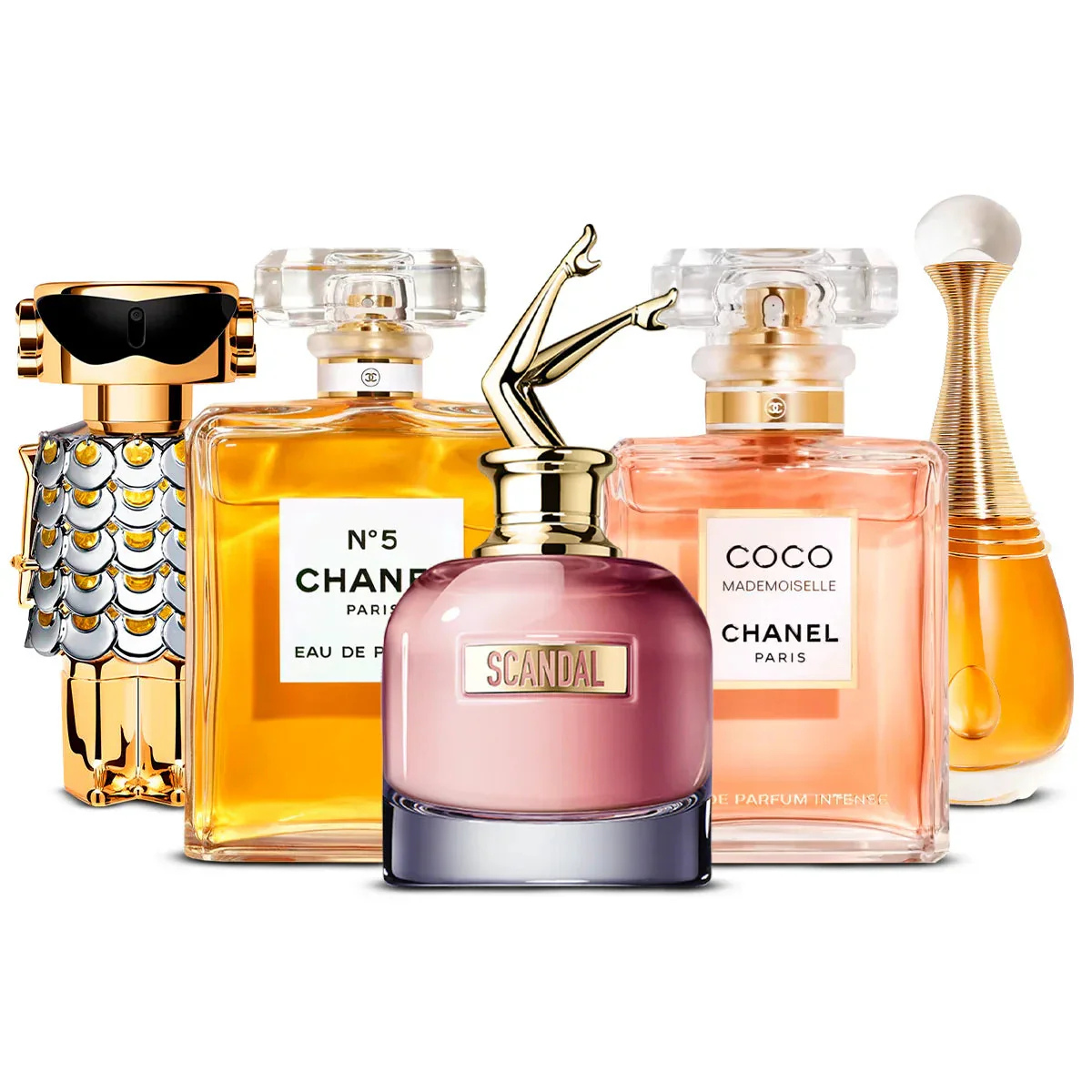 Conjunto de 5 perfumes | Fame + Chanel N°5 + Scandal + Coco Mademoiselle + J'adore