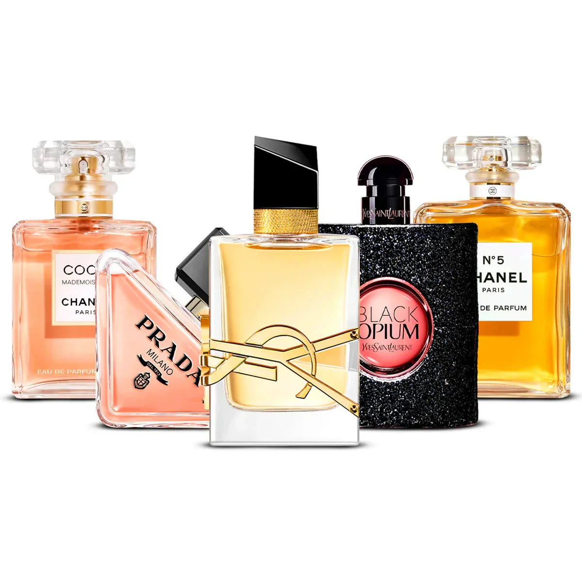 Conjunto de 5 perfumes | Coco Mademoiselle + Paradoxe + Libre + Black Opium + Chanel N°5